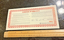 VINTAGE 1987 NEC INFORMATION SYSTEMS, INC. WARRANTY CARD CERTIFICATE -EXCELLENT picture