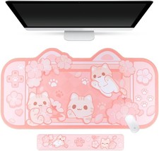 Sakura Cat Pink Kawaii Anime Desk Mat 15.7x30.3 Rubber Mouse Pad Gel Wrist Rest picture