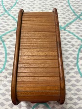 Vintage MCM Teak Wood Tambour Roll Top Desk Organizer Storage Box picture