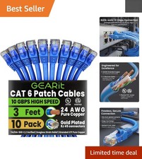 10-Pack Cat 6 Patch Cables 3ft Blue - 10Gbps Gold-Plated Snagless Connectivity picture