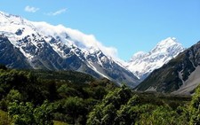 Landscape mountains snowy peak mountain trees far view Custom Gaming Mat Desk picture