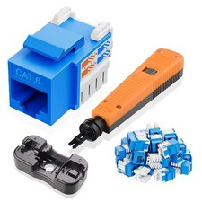 25 PCS 10Gbps Cat6 RJ45 Ethernet Keystone Jacks Blue PunchDown Tool Stand picture