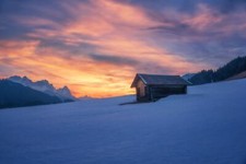 Landscape nature winter snow trees cabin sunset clouds Custom Gaming Mat Desk picture