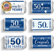 90 Pcs 50Th Birthday Party Candy Wrappers Blue and Silver Stickers, Mini Chocola picture