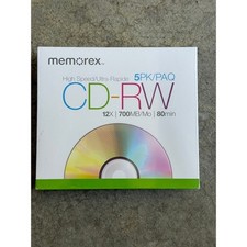 Memorex CD-RW 5-Pack High Speed Rewritable 700MB 80min 12x Slim Cases New Sealed picture